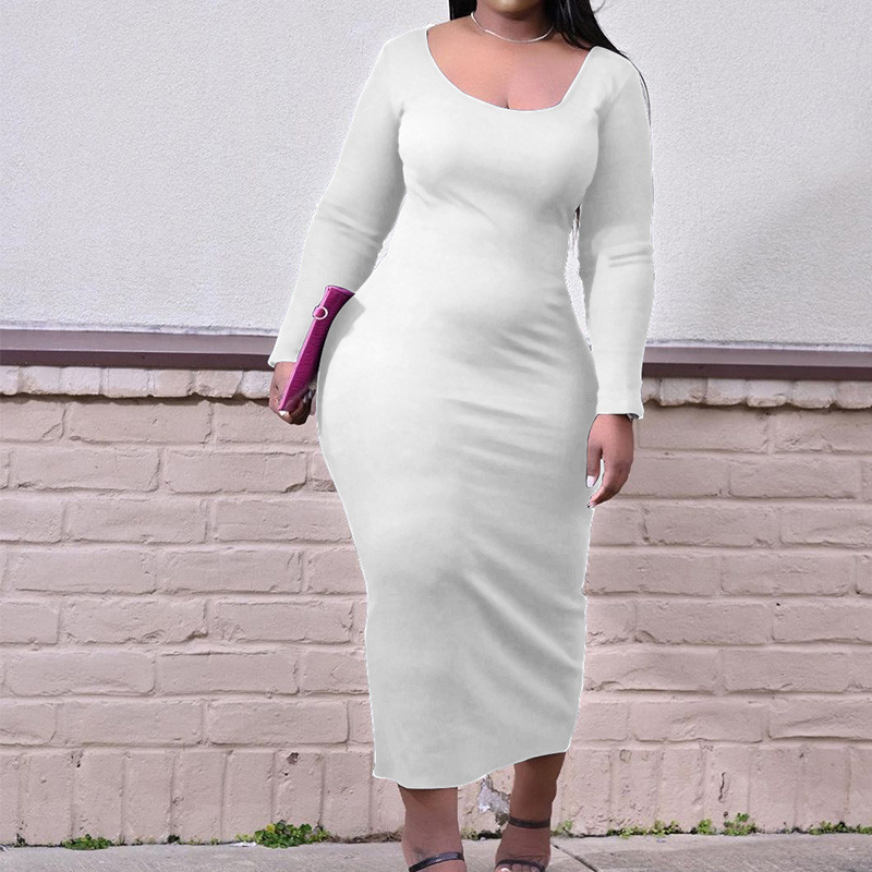 2022. gada ikdienas modes vienkrāsains U kakla audums ar garām piedurknēm, slaidas potītes kleitas pavasara rudenī, seksīgas lielizmēra sieviešu apģērbs 5XL