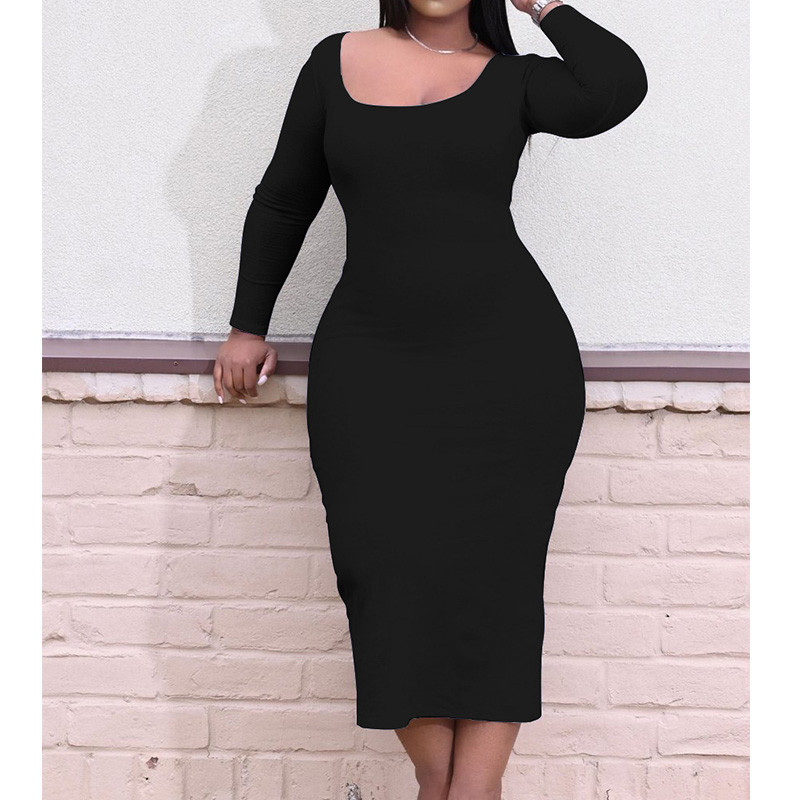 2022. gada ikdienas modes vienkrāsains U kakla audums ar garām piedurknēm, slaidas potītes kleitas pavasara rudenī, seksīgas lielizmēra sieviešu apģērbs 5XL