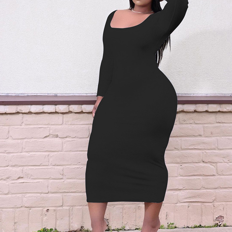 2022. gada ikdienas modes vienkrāsains U kakla audums ar garām piedurknēm, slaidas potītes kleitas pavasara rudenī, seksīgas lielizmēra sieviešu apģērbs 5XL