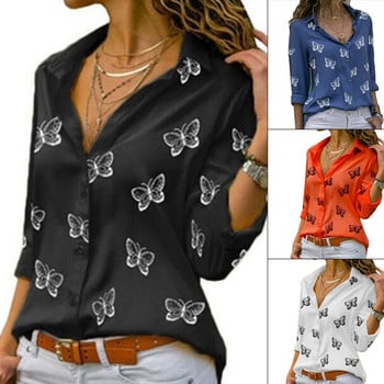 2020 Fashion Butterfly Print Γυναικεία μπλούζα πουκάμισο μπλούζα με μακρυμάνικο μπλούζες με γυριστό γιακά Μπλούζες Casual με λαιμόκοψη σε V Κομψό πουκάμισο εργασίας