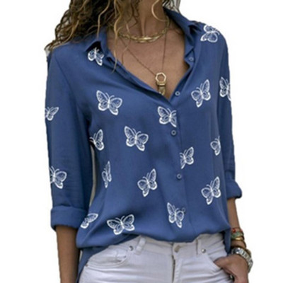 2020. gada modes tauriņu apdruka sieviešu blūzes krekls ar garām piedurknēm nolaižamām apkakles blūzes gadījuma rakstura eleganti darba kreklu topi