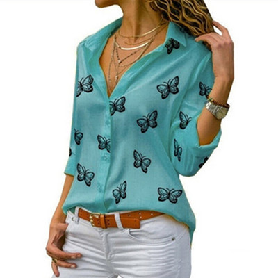 2020. gada modes tauriņu apdruka sieviešu blūzes krekls ar garām piedurknēm nolaižamām apkakles blūzes gadījuma rakstura eleganti darba kreklu topi