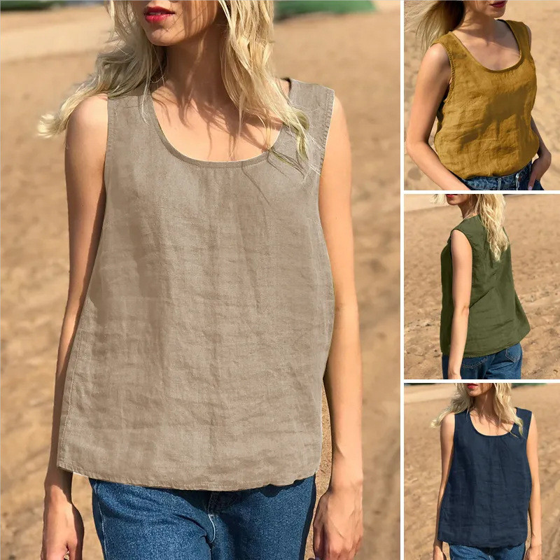 Sieviešu ikdienas kamzolis literāras retro kokvilnas lina vestes Vasaras ar V kakla izgriezumu bez piedurknēm, cieti, brīvi topi S-5XL