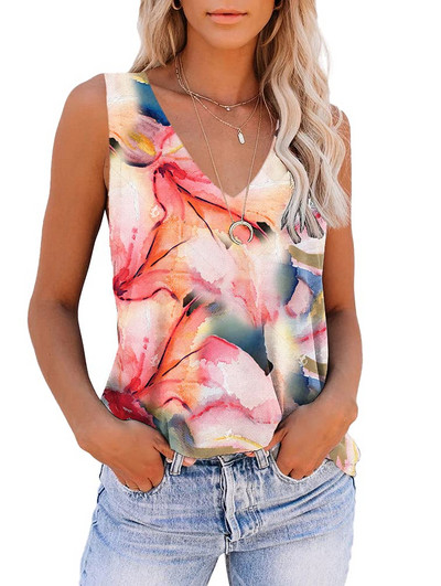 Moodne lipsuvärv, lill, 3D-prindiga paakitopsid, naiste V-kaela ja varrukateta, lihtsad õlavestid, naiste tänavarõivad, riided