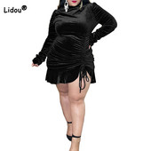 Jesenska odjeća velikih veličina, večernja zabava, dolčevita jednobojna torba s dugim rukavima, elegantna ženska mini haljina od zlatnog baršuna.