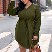 Liela izmēra sieviešu kleitas 3XL 4XL Rudens ikdienišķas vienkrāsainas pogas Kreklkleita Savelkamās aukliņas Liela izmēra Minikleita 2022 Liela izmēra apģērbs