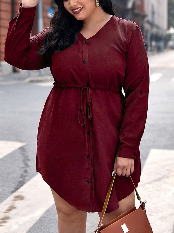 Liela izmēra sieviešu kleitas 3XL 4XL Rudens ikdienišķas vienkrāsainas pogas Kreklkleita Savelkamās aukliņas Liela izmēra Minikleita 2022 Liela izmēra apģērbs