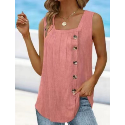 Sieviešu vasaras jauns, seksīgs kvadrātveida kakla izgriezuma džemperis bez piedurknēm, ar pogām, modes lielizmēra kroku masīvs tops, 2023. gada