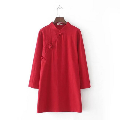 Rochie de primăvară Îmbrăcăminte pentru femei de mărime mare 2021 casual cu mânecă lungă în stil chinezesc, cu nasturi, linie de bumbac, despicată Vetement Femme XL/4XL