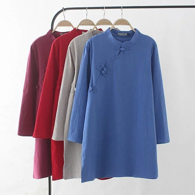 Rochie de primăvară Îmbrăcăminte pentru femei de mărime mare 2021 casual cu mânecă lungă în stil chinezesc, cu nasturi, linie de bumbac, despicată Vetement Femme XL/4XL