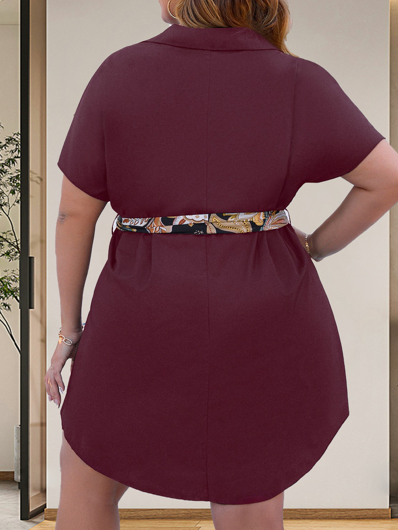 Dámske šaty Finjani Plus Size s golierom a netopierím rukávom, opaskom a ležérnym strihom, midi šaty, hodvábna šatka, tunika pre elegantné dámy