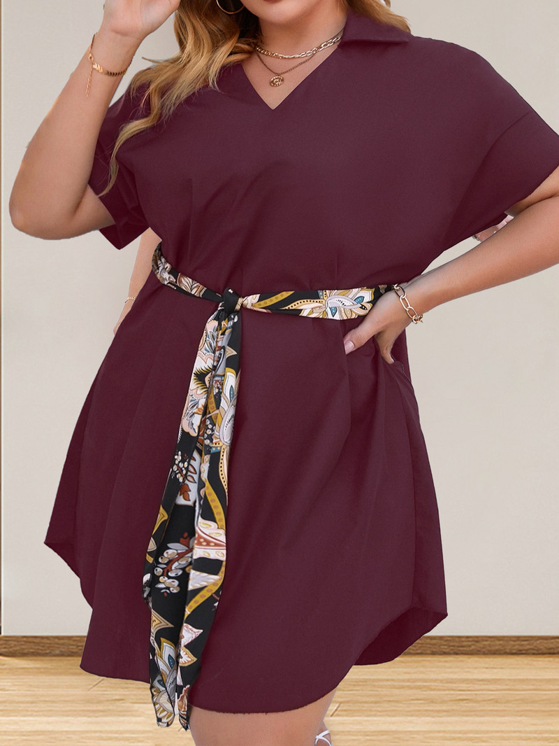 Dámske šaty Finjani Plus Size s golierom a netopierím rukávom, opaskom a ležérnym strihom, midi šaty, hodvábna šatka, tunika pre elegantné dámy