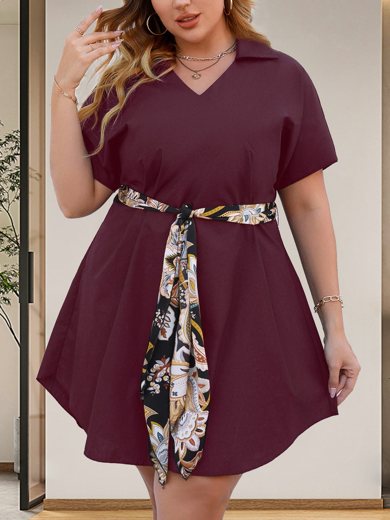 Dámske šaty Finjani Plus Size s golierom a netopierím rukávom, opaskom a ležérnym strihom, midi šaty, hodvábna šatka, tunika pre elegantné dámy