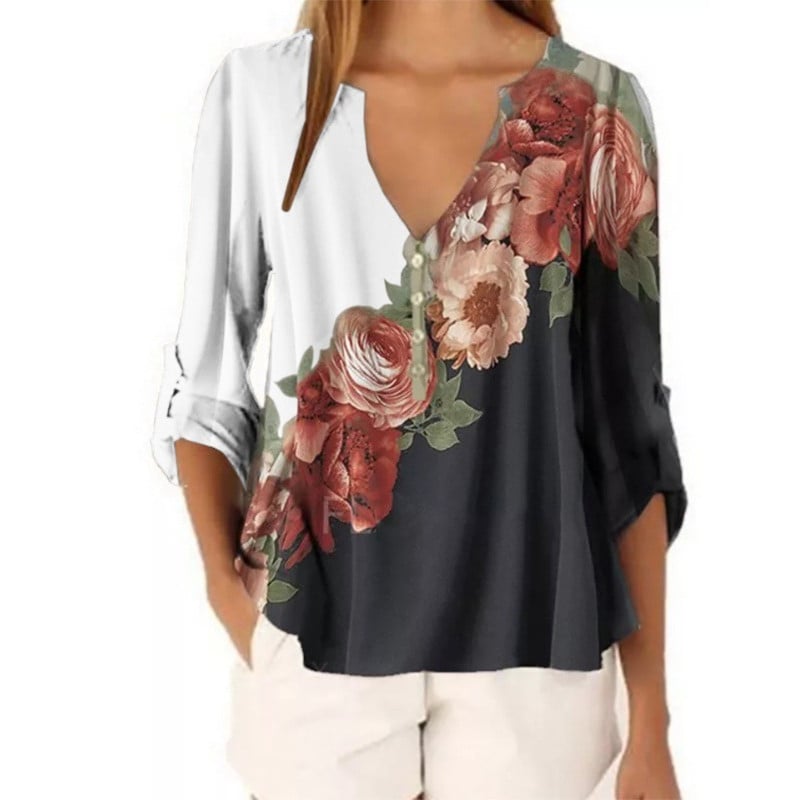 Lilletrükiga lapiga värviline šifoonpluus, naiste 2020. aasta sügis, uus mood, elegantsed V-kaelusega särgid, vabaaja suuremad topsid S-5XL