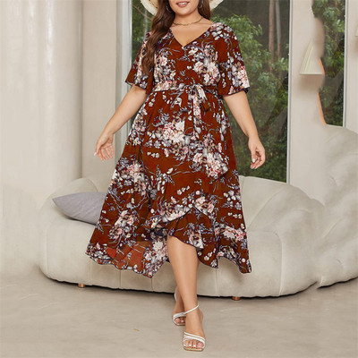 Suures suuruses naiste kleit Uus Boho lilleline mustriga A-joonega kleit suvine lühikeste varrukatega V-kaelusega lahtine ebakorrapärase sidemega pikk kleit Vestidos