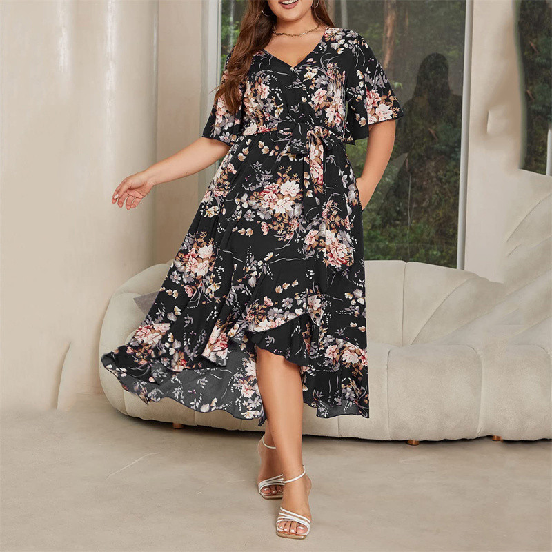 Suures suuruses naiste kleit Uus Boho lilleline mustriga A-joonega kleit suvine lühikeste varrukatega V-kaelusega lahtine ebakorrapärase sidemega pikk kleit Vestidos