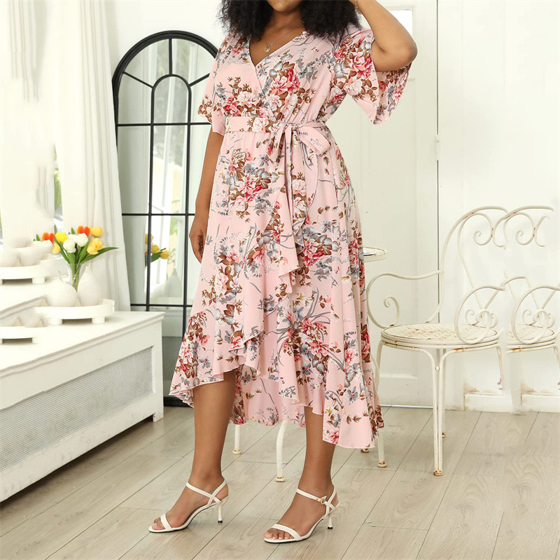 Suures suuruses naiste kleit Uus Boho lilleline mustriga A-joonega kleit suvine lühikeste varrukatega V-kaelusega lahtine ebakorrapärase sidemega pikk kleit Vestidos