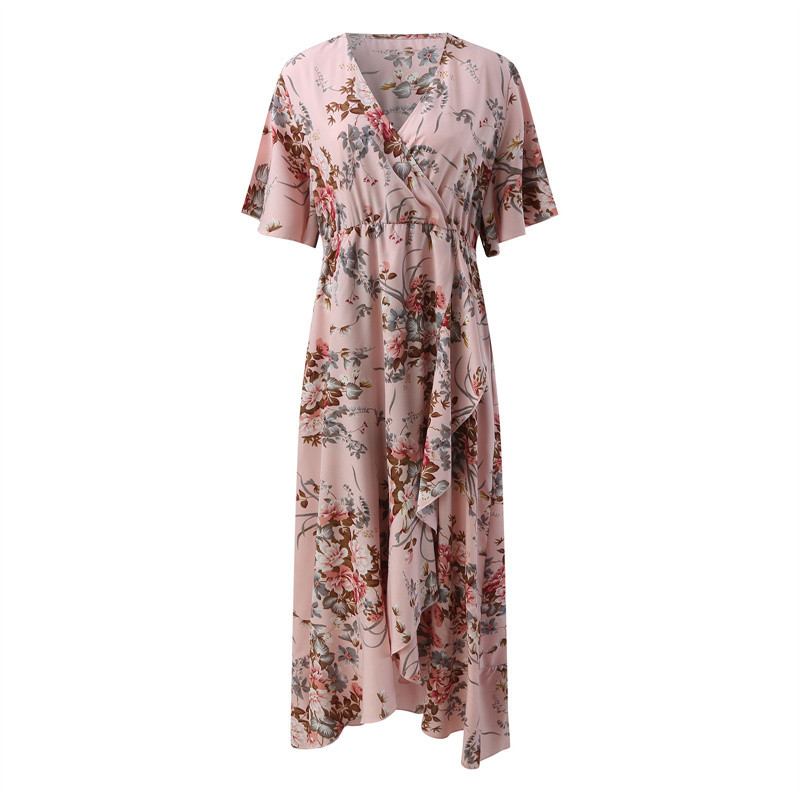 Suures suuruses naiste kleit Uus Boho lilleline mustriga A-joonega kleit suvine lühikeste varrukatega V-kaelusega lahtine ebakorrapärase sidemega pikk kleit Vestidos