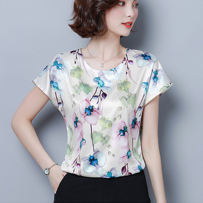Suures suuruses naiste pluusid 2021. aasta uued suvised lilledega prindiga särgid Elegantsed siidist korea lahtised lühikeste varrukatega O-kaelusega vabaaja pluusid