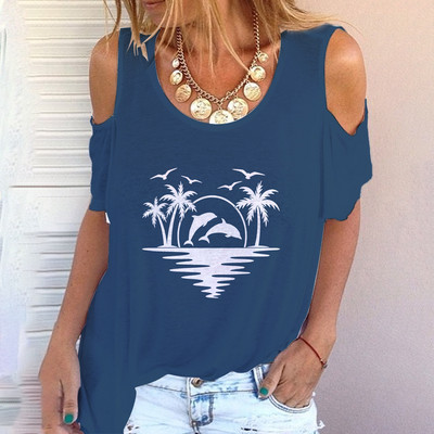 Suvine uus trendmuster naiste õlgadeta lühikeste varrukatega, ümmargune kaelus, vabaaja lühikeste varrukatega T-särk naiste lihtne stiil