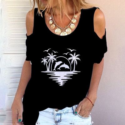 Suvine uus trendmuster naiste õlgadeta lühikeste varrukatega, ümmargune kaelus, vabaaja lühikeste varrukatega T-särk naiste lihtne stiil