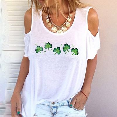 Nyári új, tiszta fehér háttér divatos női váll nélküli rövid ujjú, kerek nyakú alkalmi egyszerű stílusú rövid ujjú póló