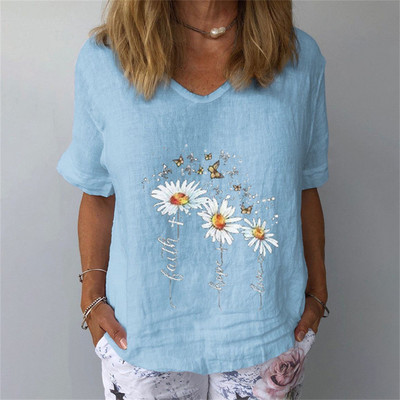 Naiste suvine lühikeste varrukatega T-särk Mood naiste lühikeste varrukatega 3D lillemustriga V-kaelusega T-särk vabaaja moerõivad
