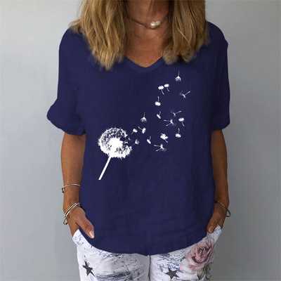 Naiste suvine lühikeste varrukatega T-särk Mood naiste lühikeste varrukatega 3D lillemustriga V-kaelusega T-särk vabaaja moerõivad