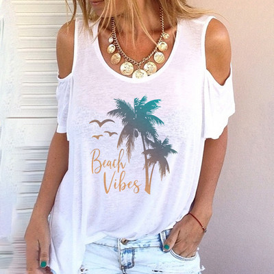 Tricou 3D pentru femei de modă cu gât rotund, model de vară, cu umăr, mânecă scurtă, stil de vacanță, top Harajuku, plajă, simplu