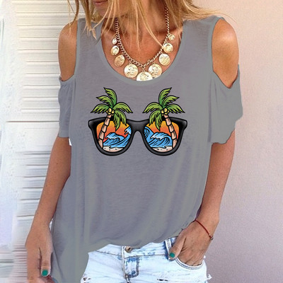 Tricou 3D pentru femei de modă cu gât rotund, model de vară, cu umăr, mânecă scurtă, stil de vacanță, top Harajuku, plajă, simplu