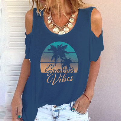 Tricou 3D pentru femei de modă cu gât rotund, model de vară, cu umăr, mânecă scurtă, stil de vacanță, top Harajuku, plajă, simplu