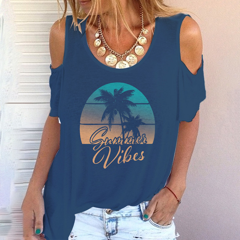 Tricou 3D pentru femei de modă cu gât rotund, model de vară, cu umăr, mânecă scurtă, stil de vacanță, top Harajuku, plajă, simplu