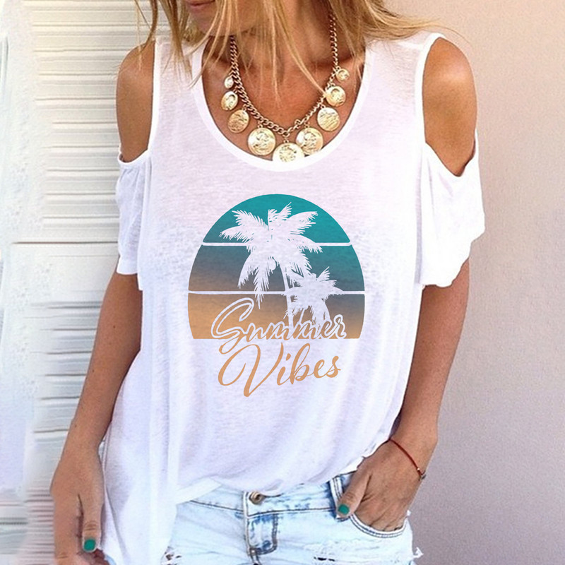 Tricou 3D pentru femei de modă cu gât rotund, model de vară, cu umăr, mânecă scurtă, stil de vacanță, top Harajuku, plajă, simplu