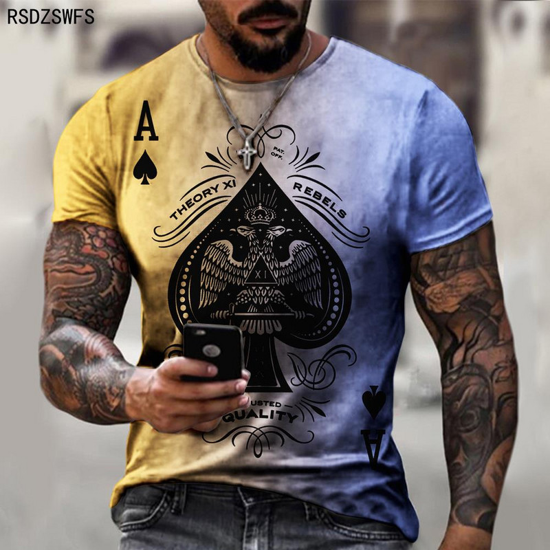 Vyriški „Ace of Spades“ marškinėliai 3D spalvingais raštais trumpomis rankovėmis, negabaritiniai, kvėpuojantys, laisvalaikio sportiniai marškinėliai XXS-5XL