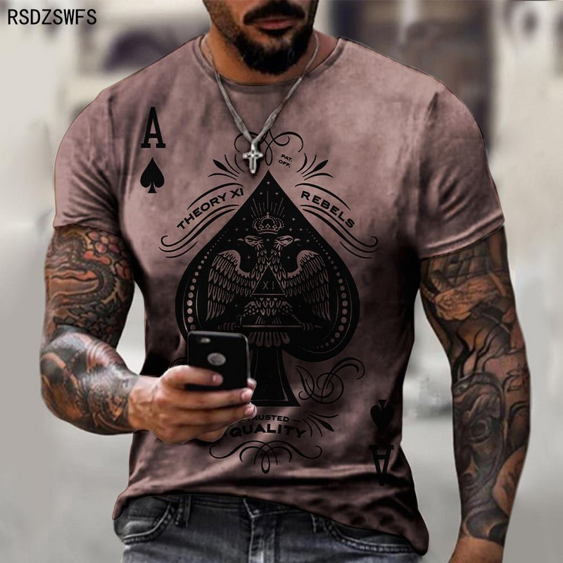 Vyriški „Ace of Spades“ marškinėliai 3D spalvingais raštais trumpomis rankovėmis, negabaritiniai, kvėpuojantys, laisvalaikio sportiniai marškinėliai XXS-5XL