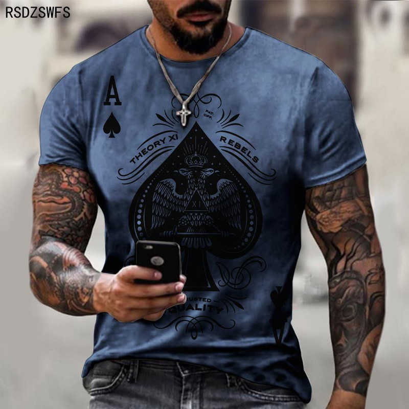 Vyriški „Ace of Spades“ marškinėliai 3D spalvingais raštais trumpomis rankovėmis, negabaritiniai, kvėpuojantys, laisvalaikio sportiniai marškinėliai XXS-5XL
