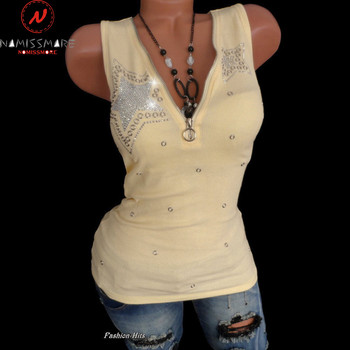 Μόδα Γυναικεία Καλοκαιρινή Casual Camis για Streetwear Σχεδιασμός Συνονθύλευμα Διαμαντένιο ντεκόρ με φερμουάρ V-λαιμόκοψη Αμάνικο μονόχρωμο λεπτό μπλουζάκι