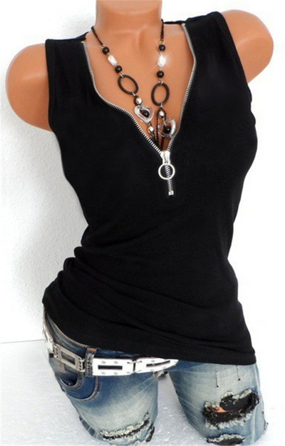 Moodsad naiste suvised vabaaja kaadrid tänavarõivastele. Lapikujuline disain Tõmblukk Teemantdekoor V-kaelusega varrukateta ühevärviline õhuke topp