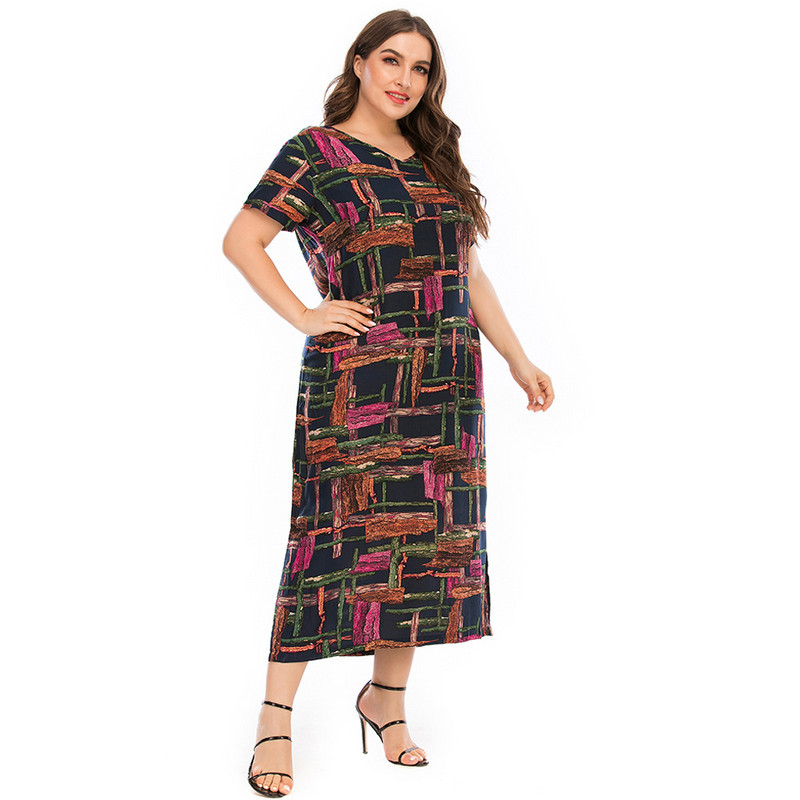 Liela izmēra sieviešu kleita, 2021. gada vasaras apaļa kakla kleita ar īsām piedurknēm, krāsaina rūtainā apdruka, ikdienišķa kleita, eleganta, garas, garas kleitas uz sāniem