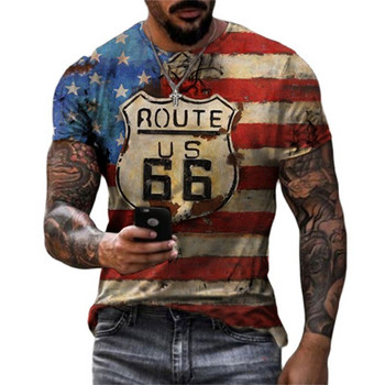 Retro America Route 66 3D печатни мъжки тениски Ретро широки мъжки дрехи Летни тениски с кръгло деколте и къс ръкав Унисекс тениски 6XL