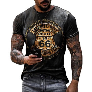 Retro America Route 66 3D печатни мъжки тениски Ретро широки мъжки дрехи Летни тениски с кръгло деколте и къс ръкав Унисекс тениски 6XL
