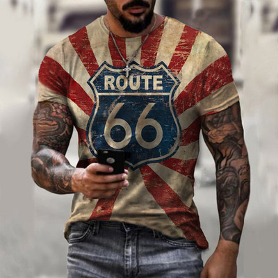 Retro America Route 66 3D печатни мъжки тениски Ретро широки мъжки дрехи Летни тениски с кръгло деколте и къс ръкав Унисекс тениски 6XL