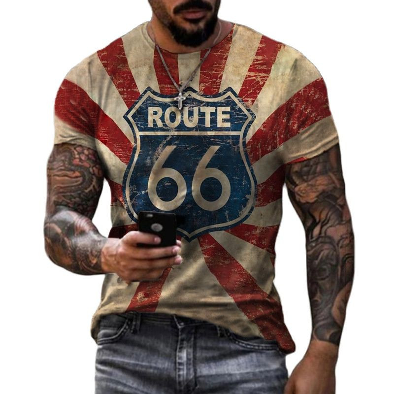 Retro America Route 66 3D печатни мъжки тениски Ретро широки мъжки дрехи Летни тениски с кръгло деколте и къс ръкав Унисекс тениски 6XL