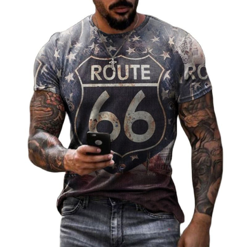 Retro America Route 66 3D печатни мъжки тениски Ретро широки мъжки дрехи Летни тениски с кръгло деколте и къс ръкав Унисекс тениски 6XL