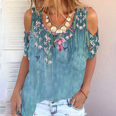 2023. g. sieviešu jauns vasaras raksts no pleciem, Harajuku Print Top T-krekls ar apaļu kakla izgriezumu sieviešu plecu locītavas stila ziedi sievietēm