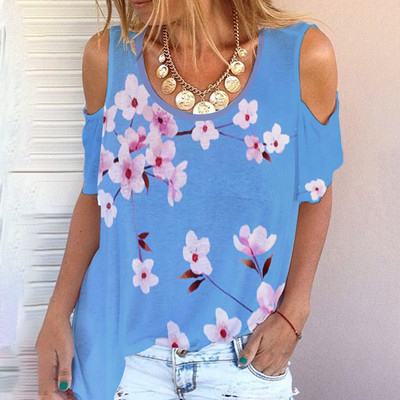 2023. g. sieviešu jauns vasaras raksts no pleciem, Harajuku Print Top T-krekls ar apaļu kakla izgriezumu sieviešu plecu locītavas stila ziedi sievietēm