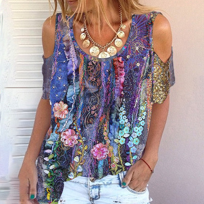 2023. g. sieviešu jauns vasaras raksts no pleciem, Harajuku Print Top T-krekls ar apaļu kakla izgriezumu sieviešu plecu locītavas stila ziedi sievietēm