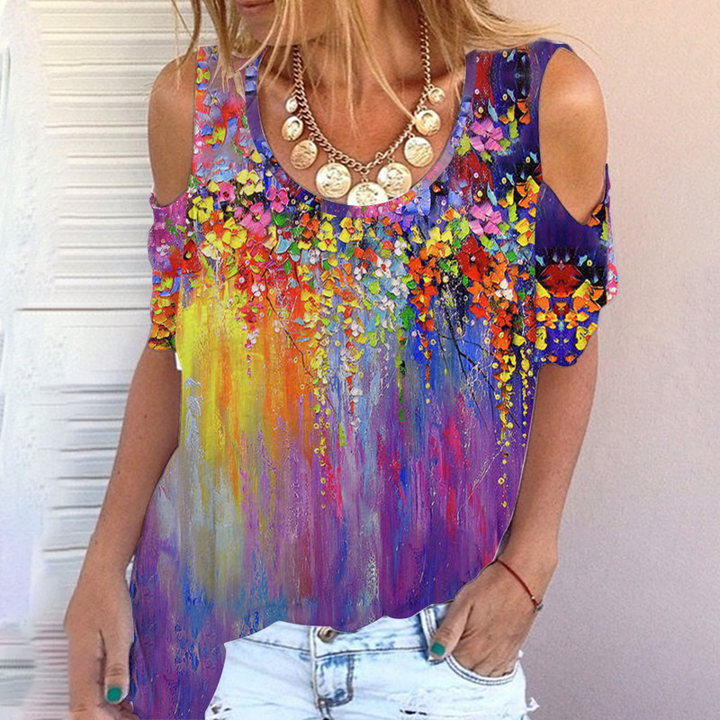 2023. g. sieviešu jauns vasaras raksts no pleciem, Harajuku Print Top T-krekls ar apaļu kakla izgriezumu sieviešu plecu locītavas stila ziedi sievietēm