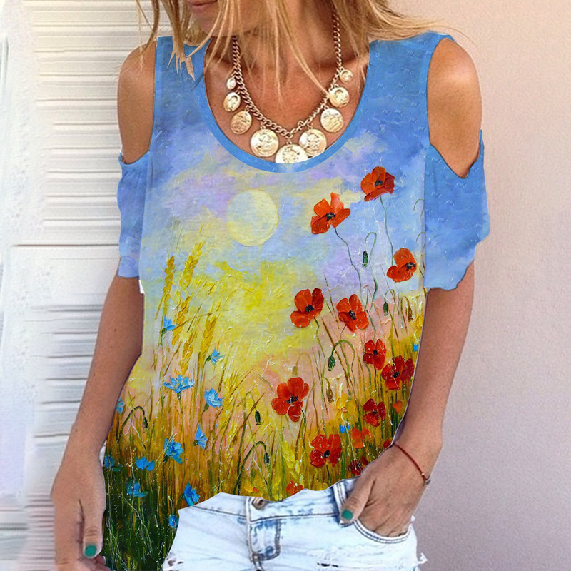 2023. g. sieviešu jauns vasaras raksts no pleciem, Harajuku Print Top T-krekls ar apaļu kakla izgriezumu sieviešu plecu locītavas stila ziedi sievietēm