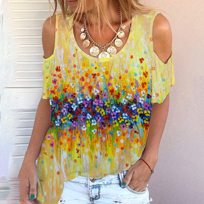 2023. g. sieviešu jauns vasaras raksts no pleciem, Harajuku Print Top T-krekls ar apaļu kakla izgriezumu sieviešu plecu locītavas stila ziedi sievietēm